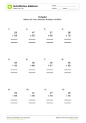 Schriftliche Addition - Zahlenraum bis 100: 2 Summanden - Arbeitsblatt 01